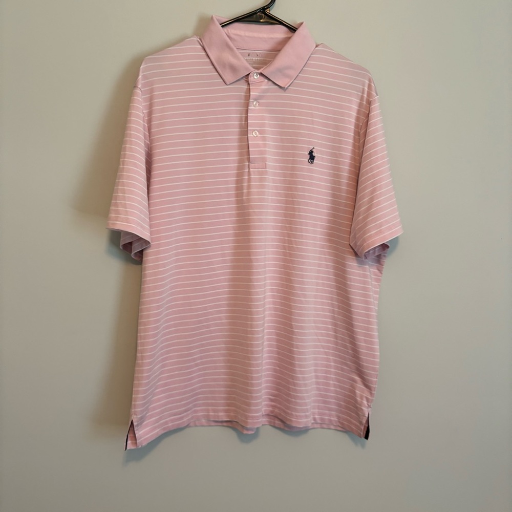 Ralph Lauren Performance Dry Fit Polo Mens Large Pink Striped Short Sleeve Shirt